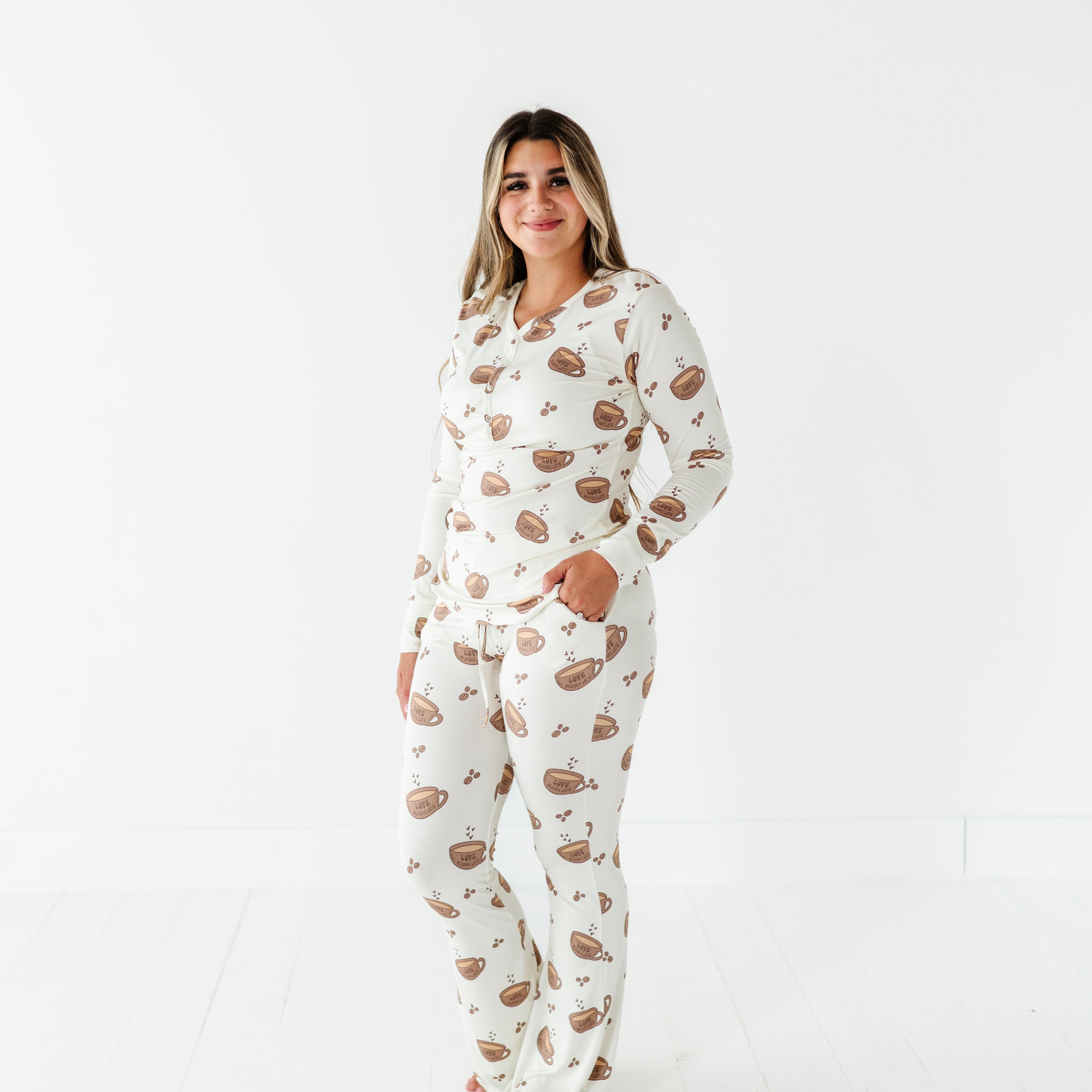 Women’s Love My Baby A Latte Bamboo pajamas featuring soft, eco-friendly bamboo fabric, offering comfort and breathability for everyday wear.
