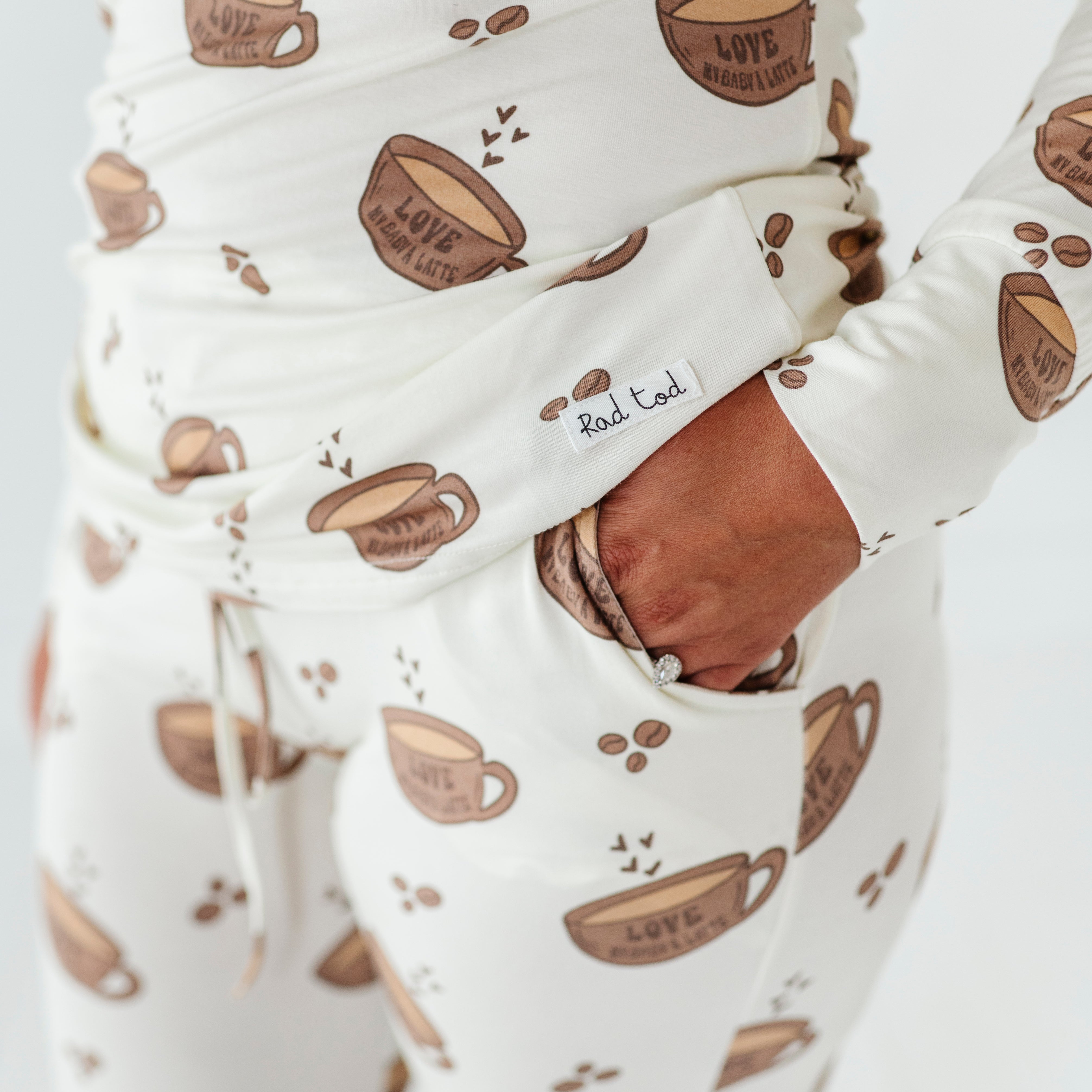 details on the Women’s Love My Baby A Latte Bamboo pajamas featuring soft, eco-friendly bamboo fabric, offering comfort and breathability for everyday wear.