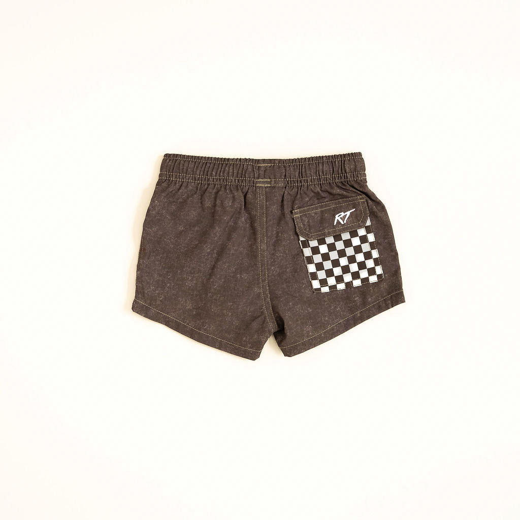 Brown shorts with a checkered pocket on a white background