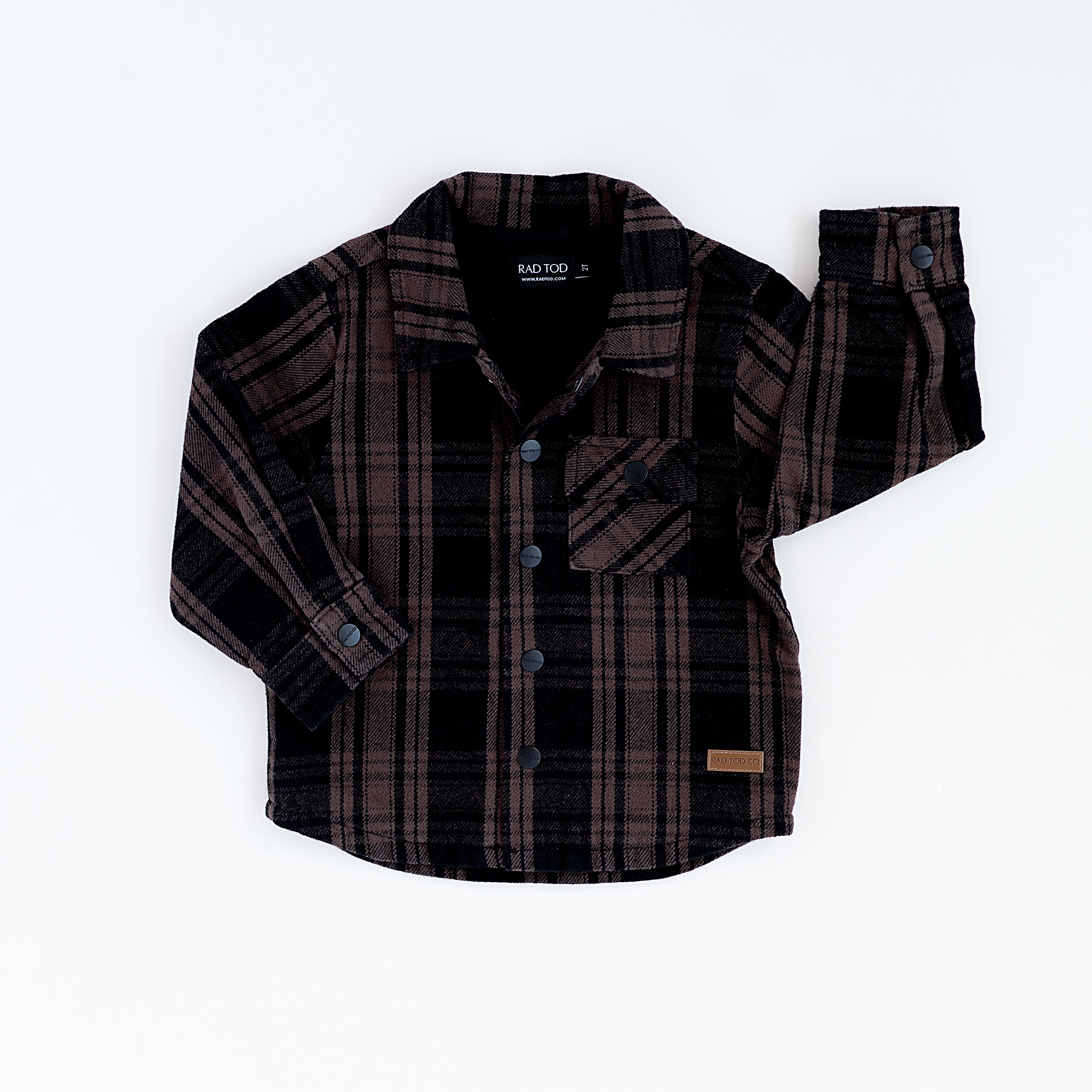 A bronze plaid shacket for toddler boys of 5t with long sleeves, button-up front, and a collar.