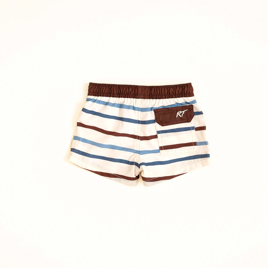 back side of Driftwood Stripes swimmies by Rad toddler