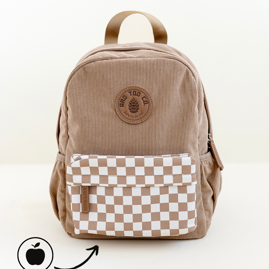 Beige toddler backpack with a stylish checkerboard pattern, perfect for everyday adventures and activities with a hidden airtag feature pocket