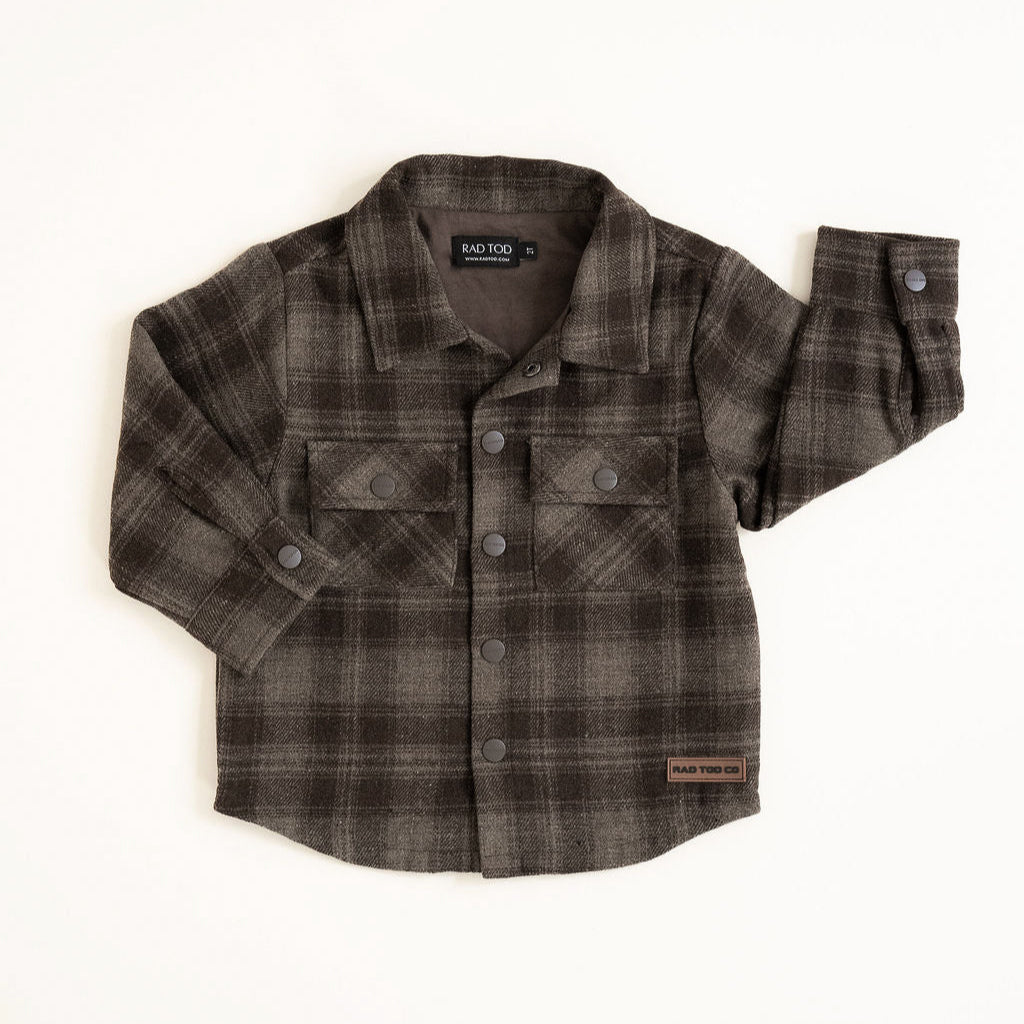 Flat lay of the Espresso Toddler Shacket in medium-weight cotton with soft lining
