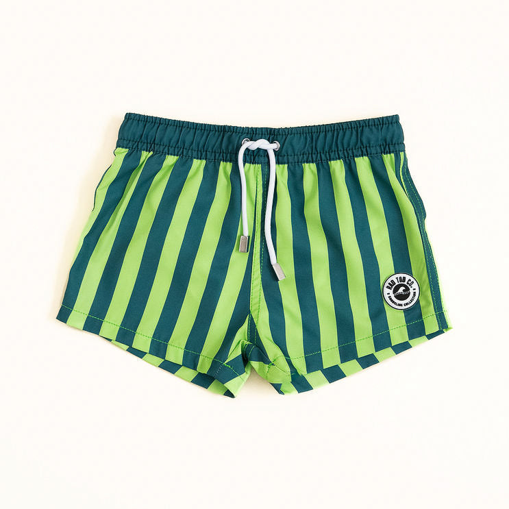 Lime Green with Darker green striped shorts on a white background by Rad Toddler