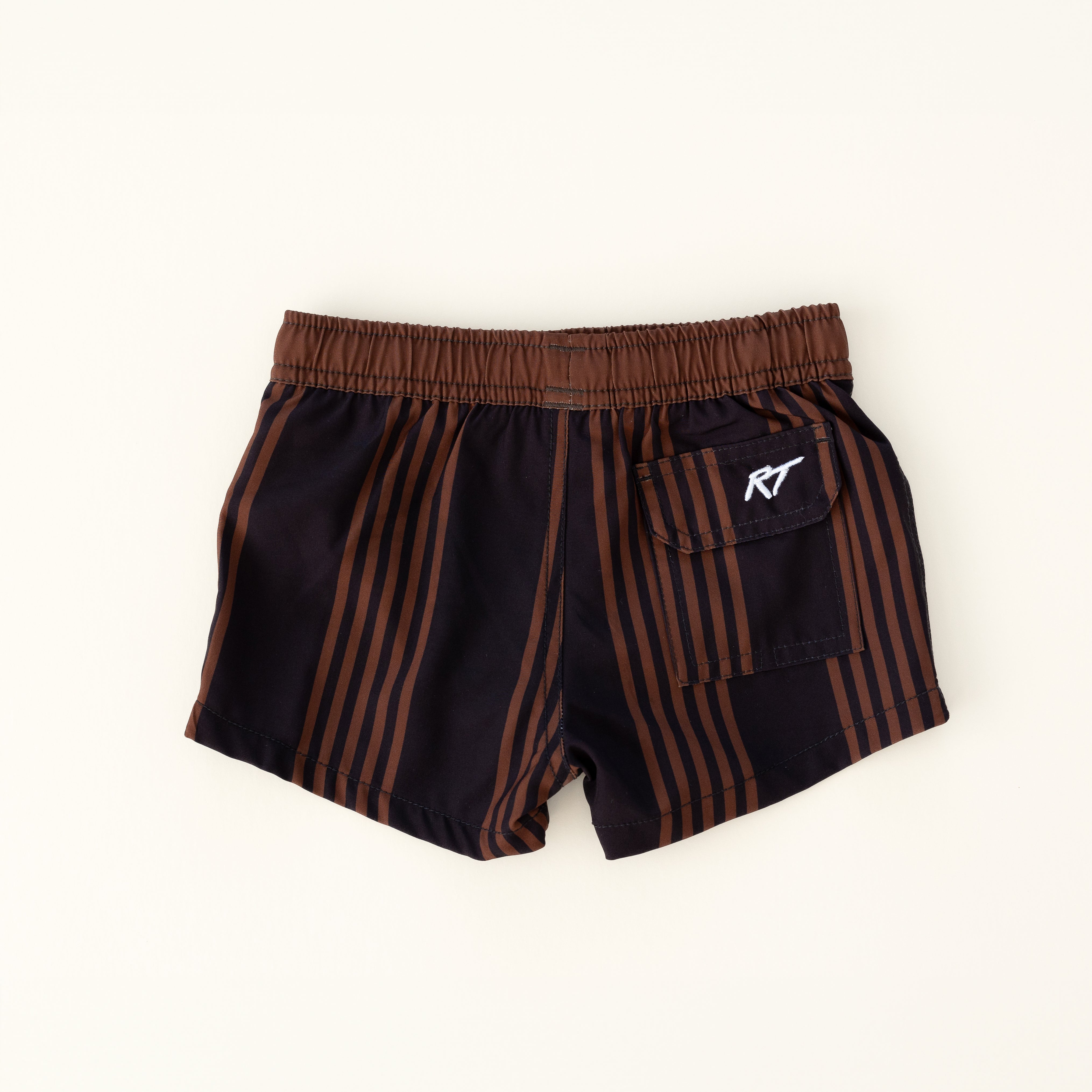 backside of espresso colored Trendy swim shorts with an elastic waistband and drawstring, made from quick-drying fabric. Ideal for swimming, beach trips, and outdoor activities. Features vibrant patterns and a comfortable fit for active kids.