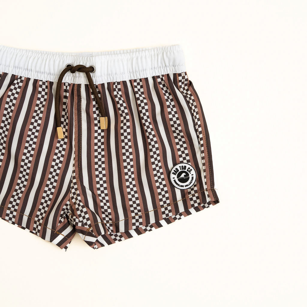 Striped shorts with a logo on a white background