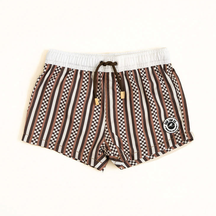 Striped shorts with a logo on a white background