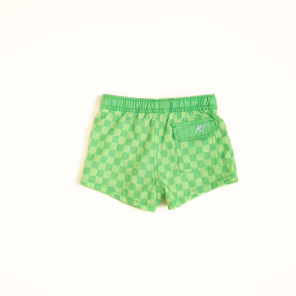 backside of lime checkered shorts on a white background by rad toddler