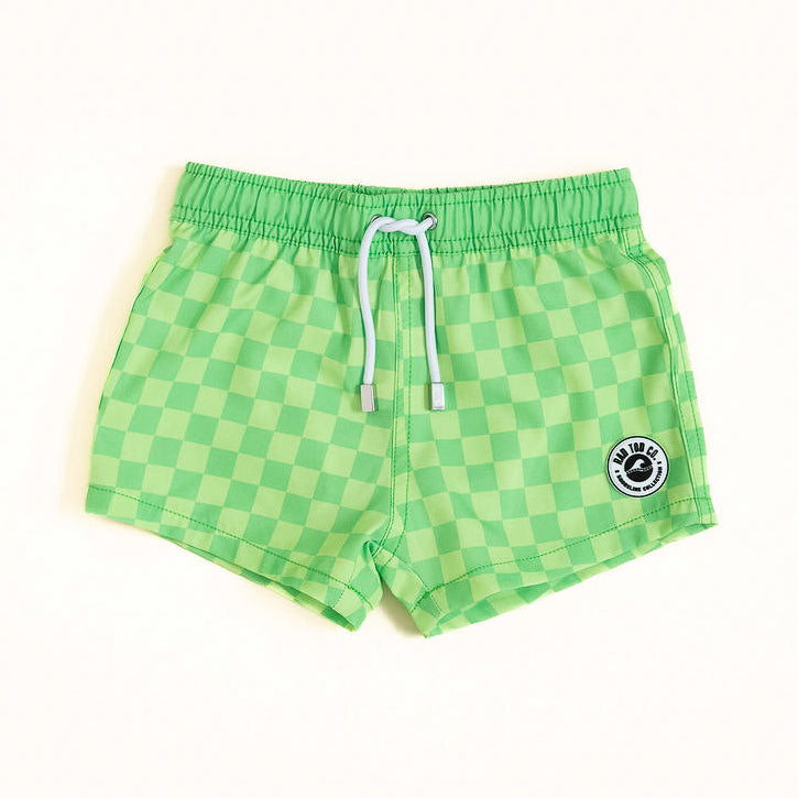 Green checkered shorts with a Rad Toddler logo on a white background