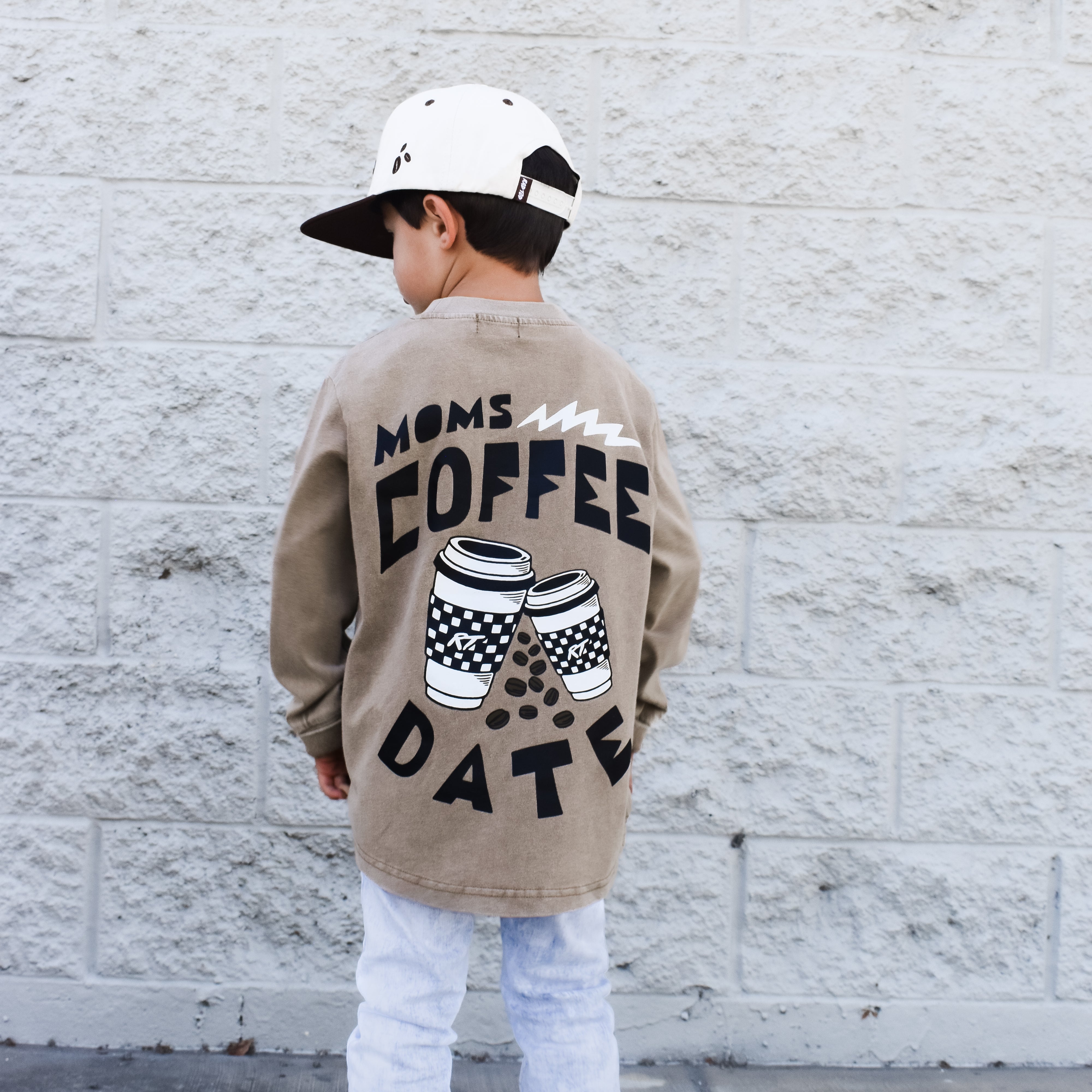Moms Coffee Date long sleeve shirt in acid wash – back view by rad toddler