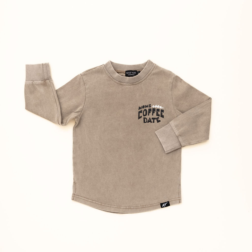 Moms Coffee Date long sleeve shirt in acid wash – front view by rad toddler