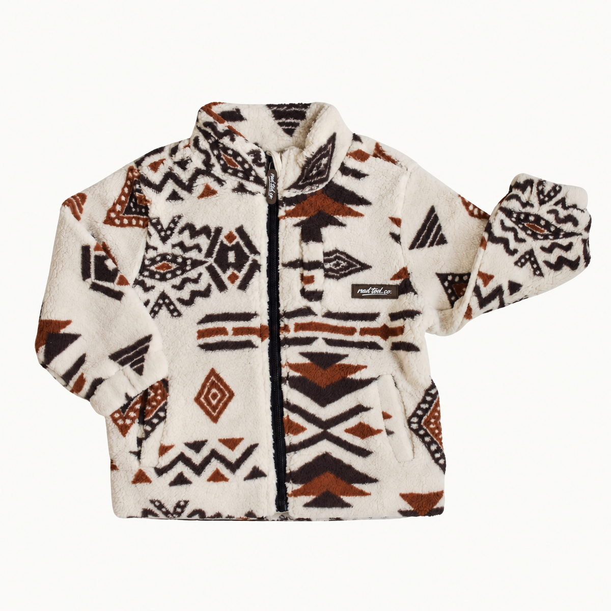 A fleece zip-up jacket with a Southwestern geometric pattern in brown, black, and cream, featuring a mock neck collar and a front zipper.