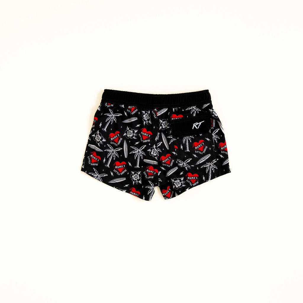 Close-up of Mama’s Little Surfer Swimmie showing playful surf designs and “Mama’s Little Surfer” print by Rad Toddler Back side