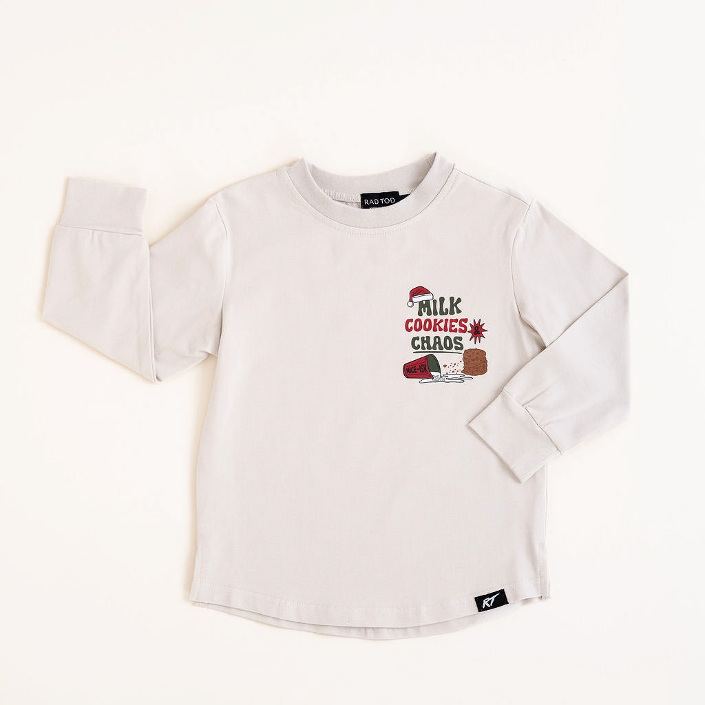 Front view of beige Milk, Cookies & Chaos Christmas long sleeve shirt