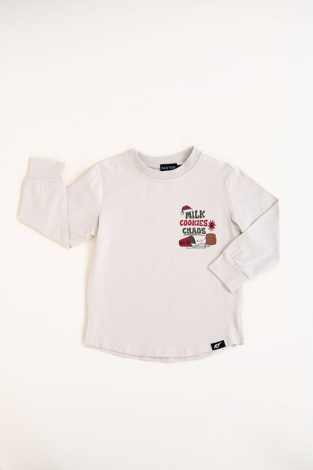 Front view of beige Milk, Cookies & Chaos Christmas long sleeve shirt