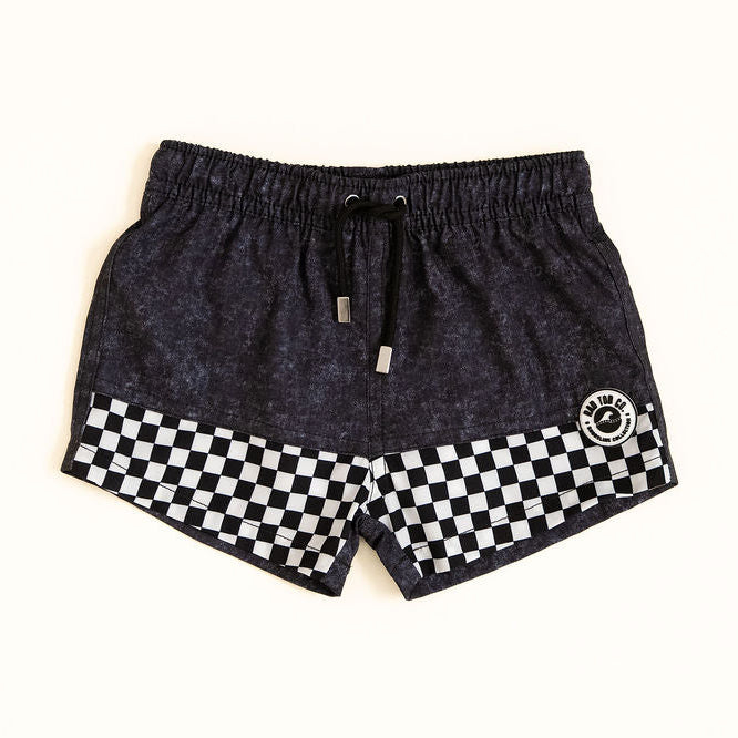 Black shorts with checkered trim on a white background