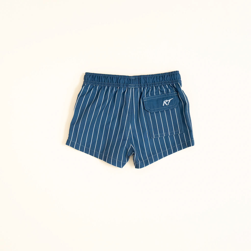 Blue pinstripe shorts with a logo on a white background by rad toddler