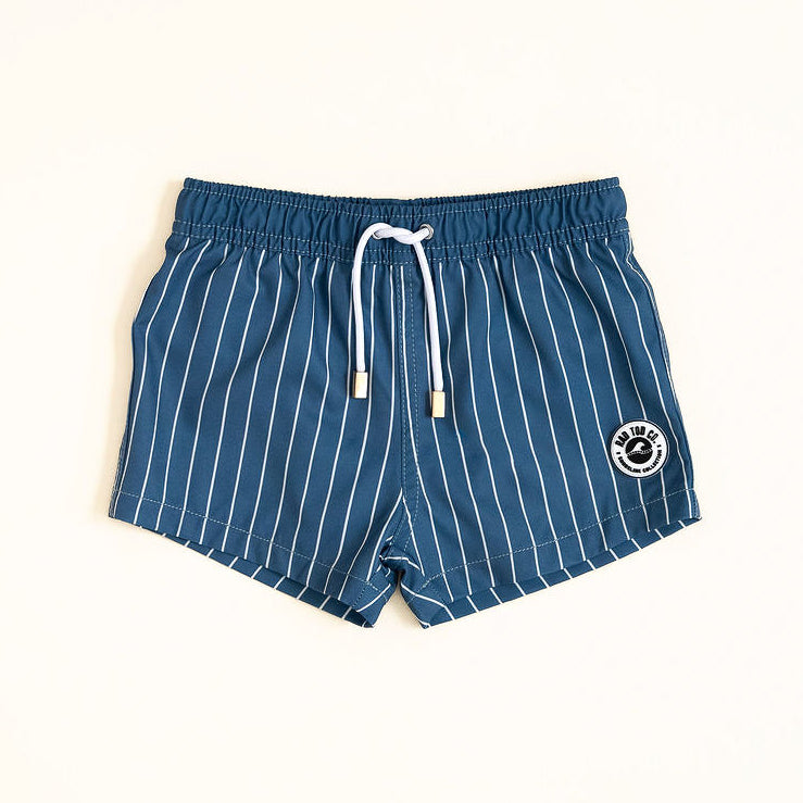 Blue striped shorts with a drawstring on a white background