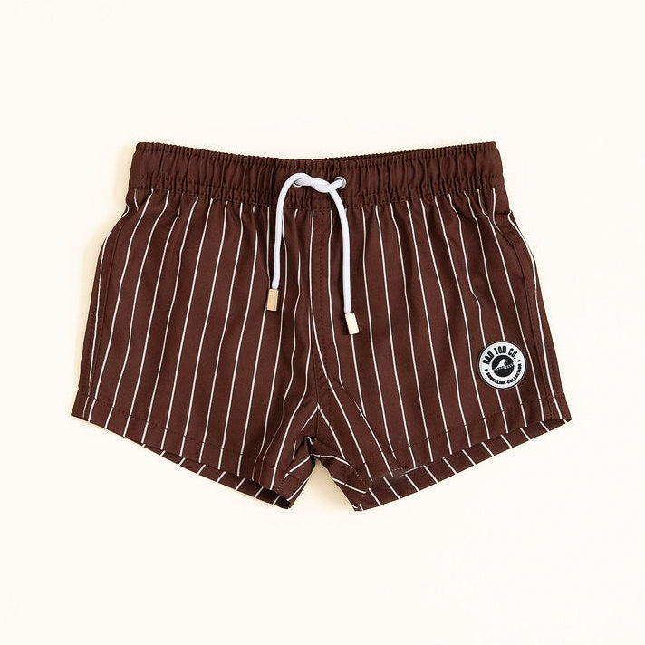 Brown pinstripe shorts with a white drawstring on a white background