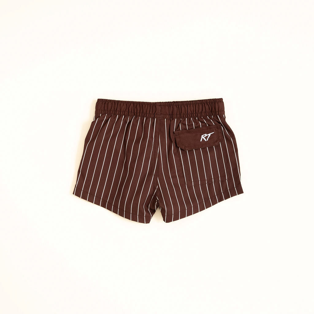 Brown pinstripe shorts with a logo on a white background