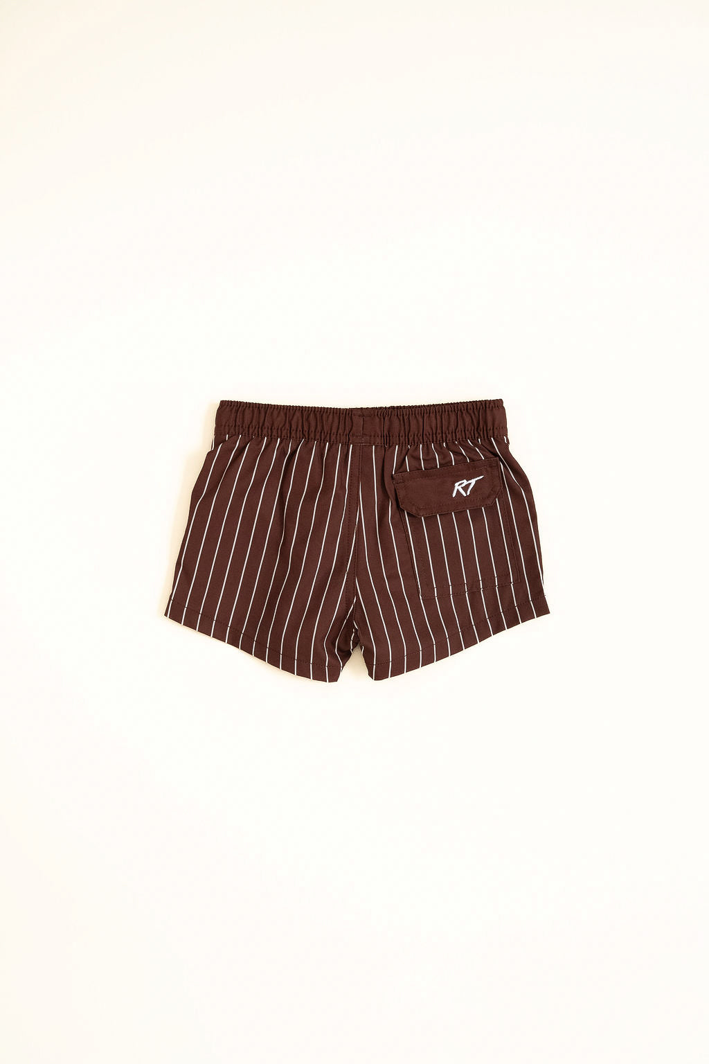Brown pinstripe shorts with a logo on a white background