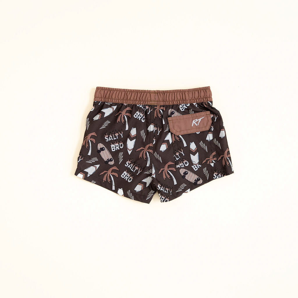 Children's swim shorts with a pattern on a white background