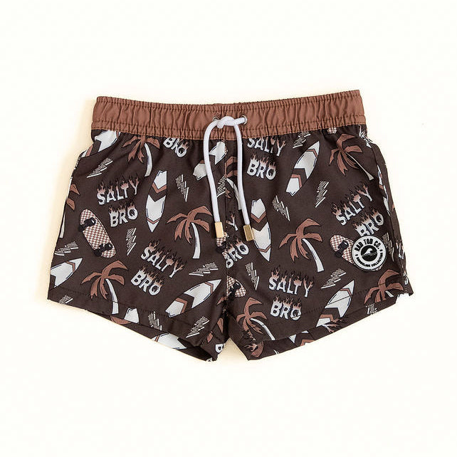 Shorts with 'Salty Bro' text and palm tree design on a white background
