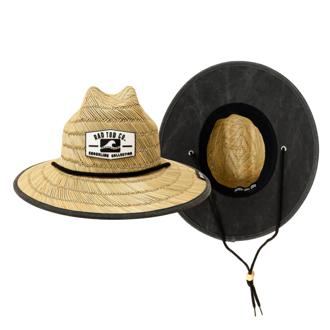 Acid Wash Black straw hat with classic straw exterior and black acid wash detail under the brim, wide brim providing sun protection for face, ears, and neck by RAD TODDLER
