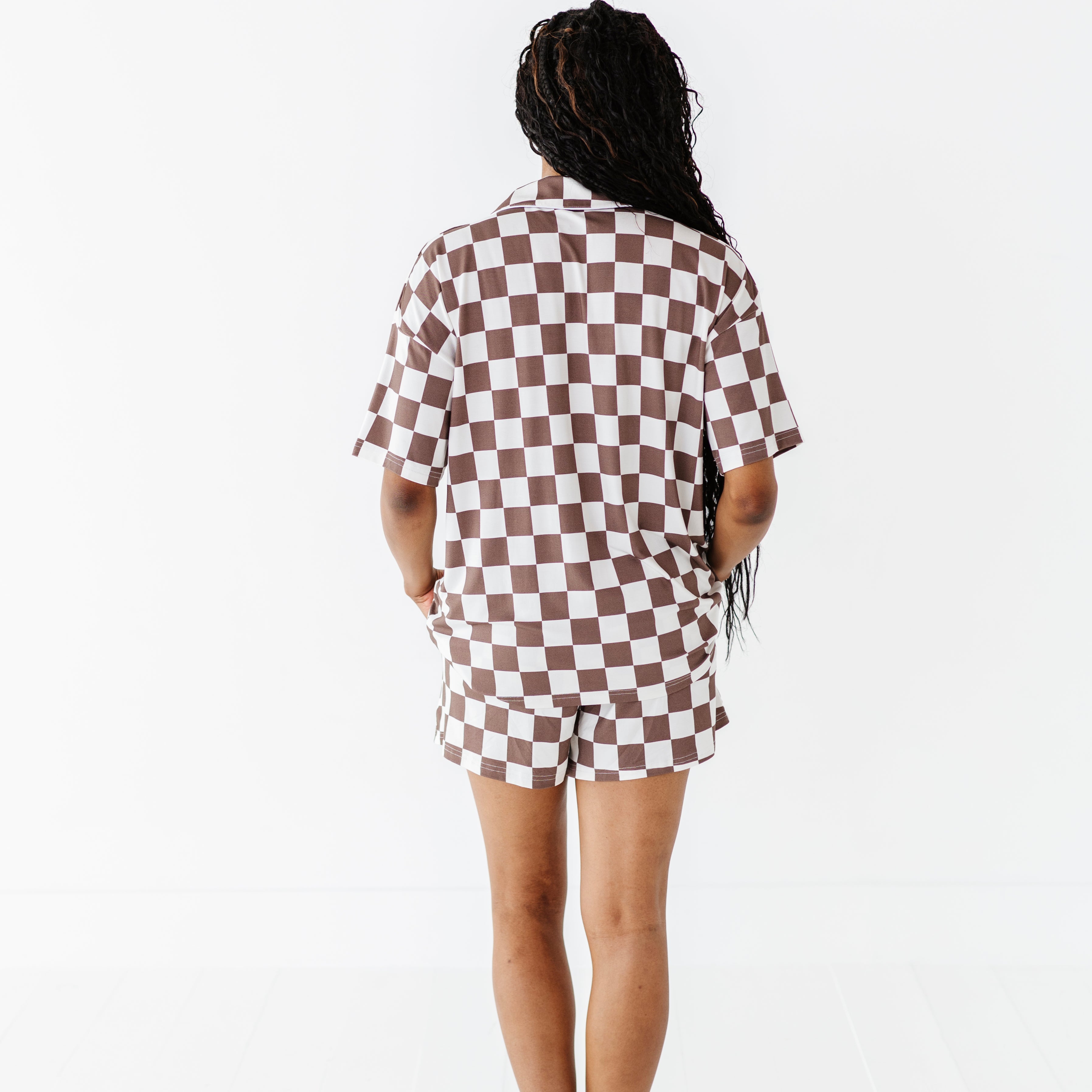 backside of Bronze and white checkered bamboo short sleeve pajama set for women, featuring a relaxed fit and elastic waistband by Rad Toddler.