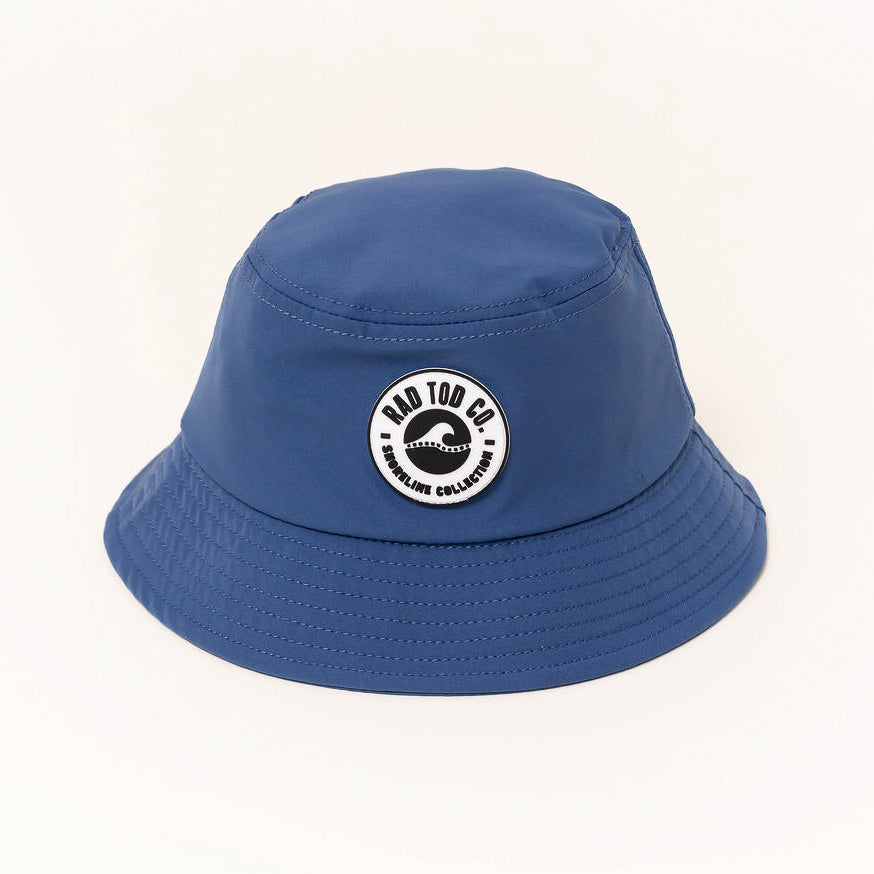Blue bucket hat with a Rad Tod logo on a white background