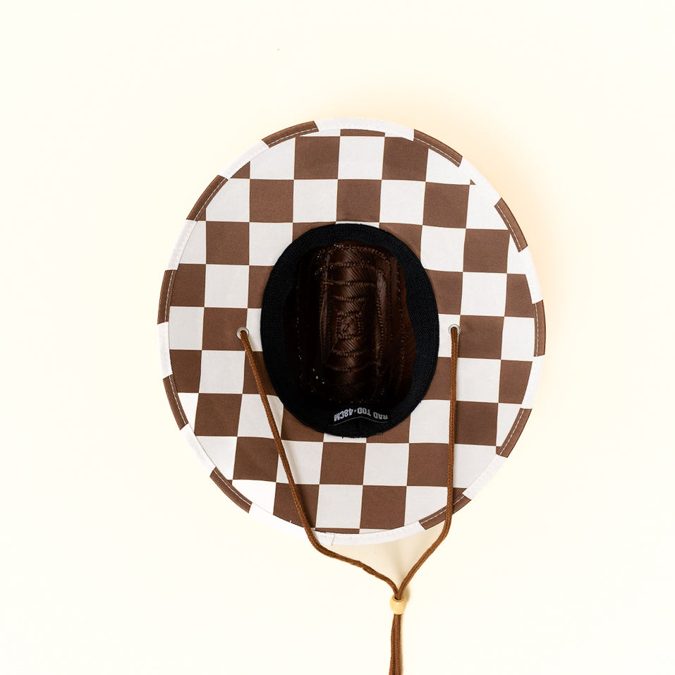 Dark straw hat with cacao colored checkers on bottom by Rad Toddler