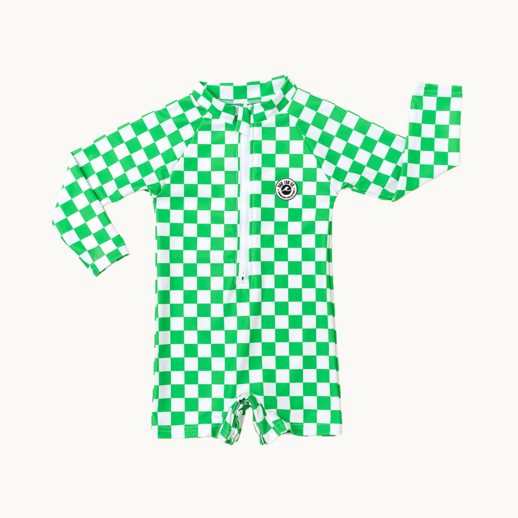 Coastal lime checks kids rashguard onesie UPF 50 swimwear