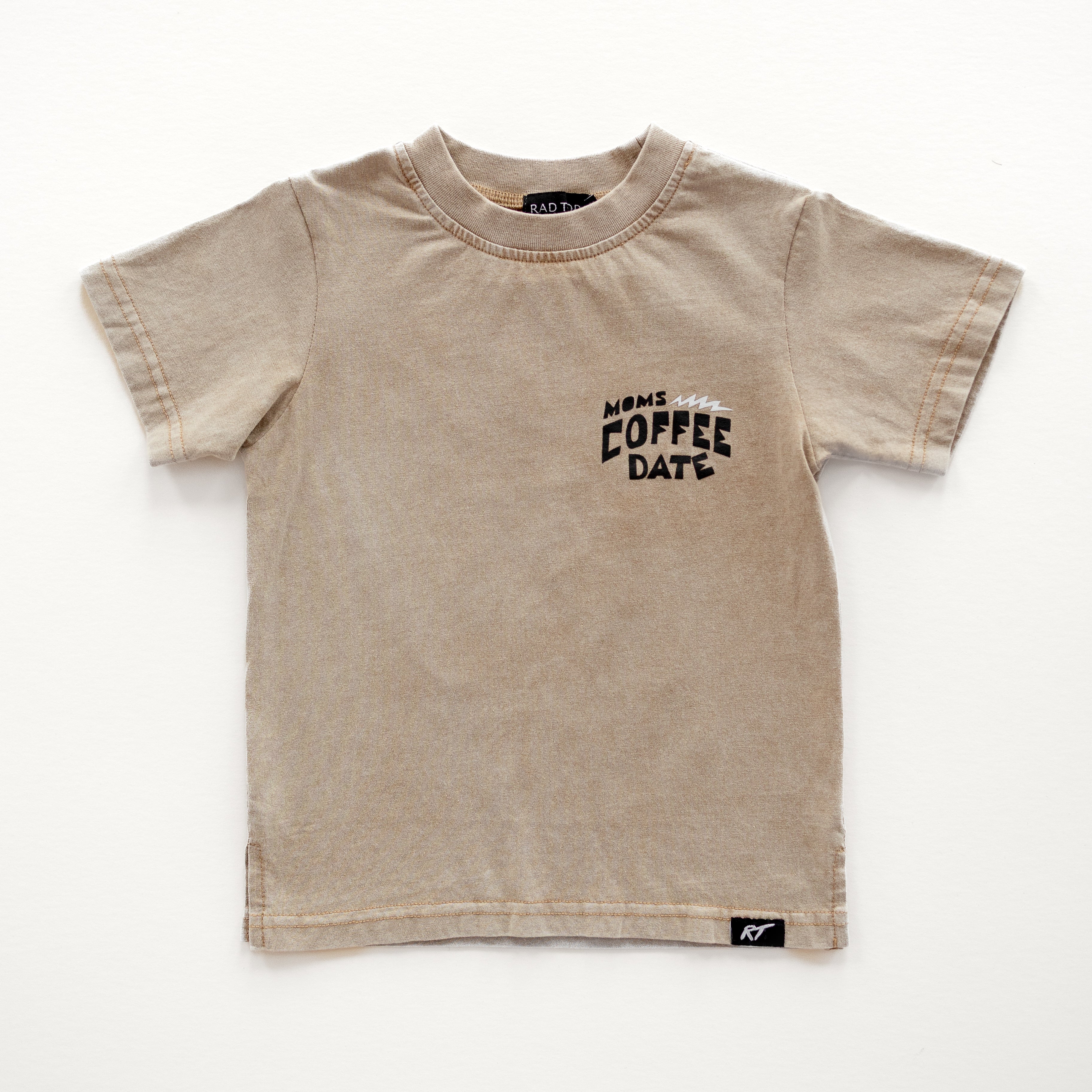 moms coffee date front side of the tee shirt, dark beige color and durable material