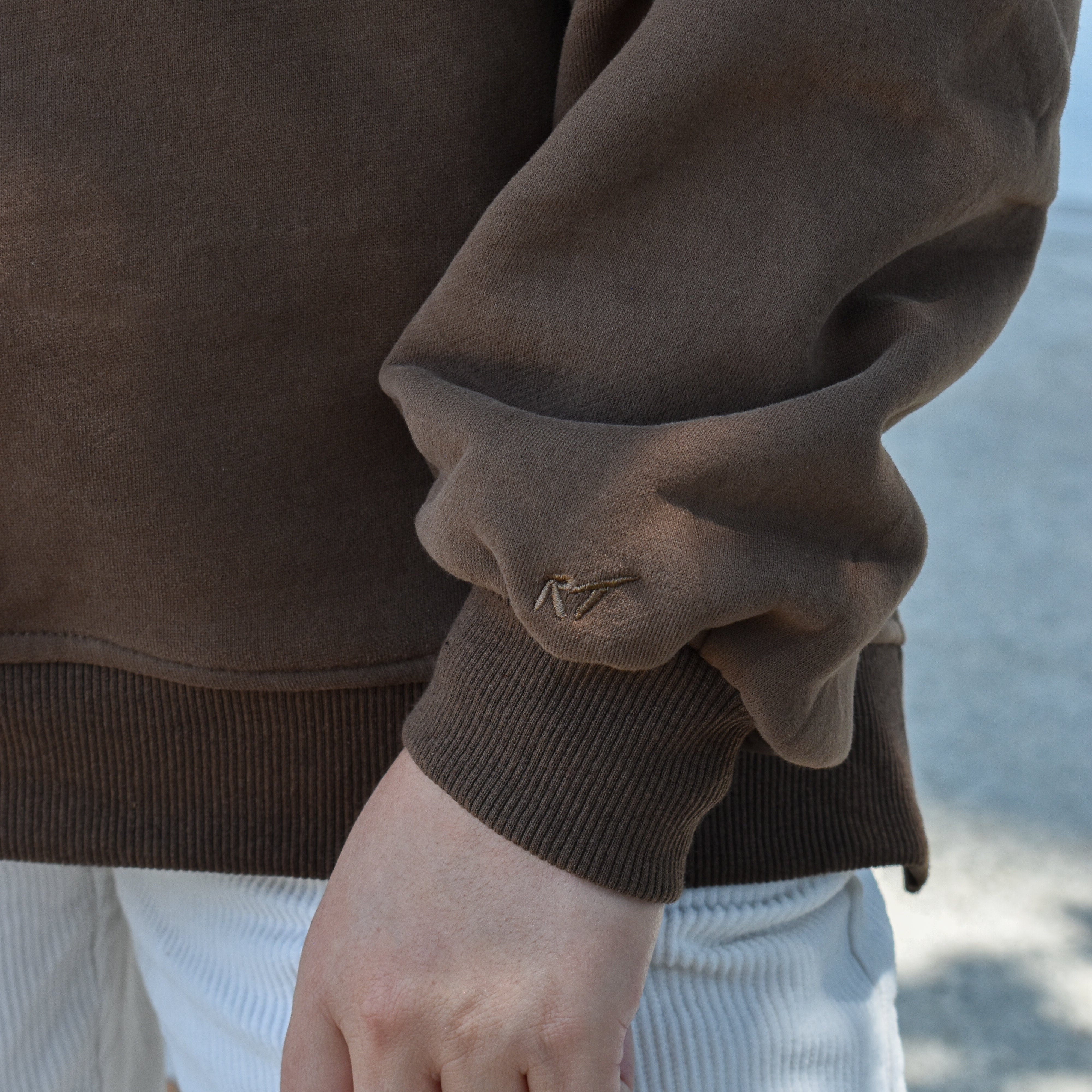 Close-up of a person wearing a brown sweatshirt with a blurred background