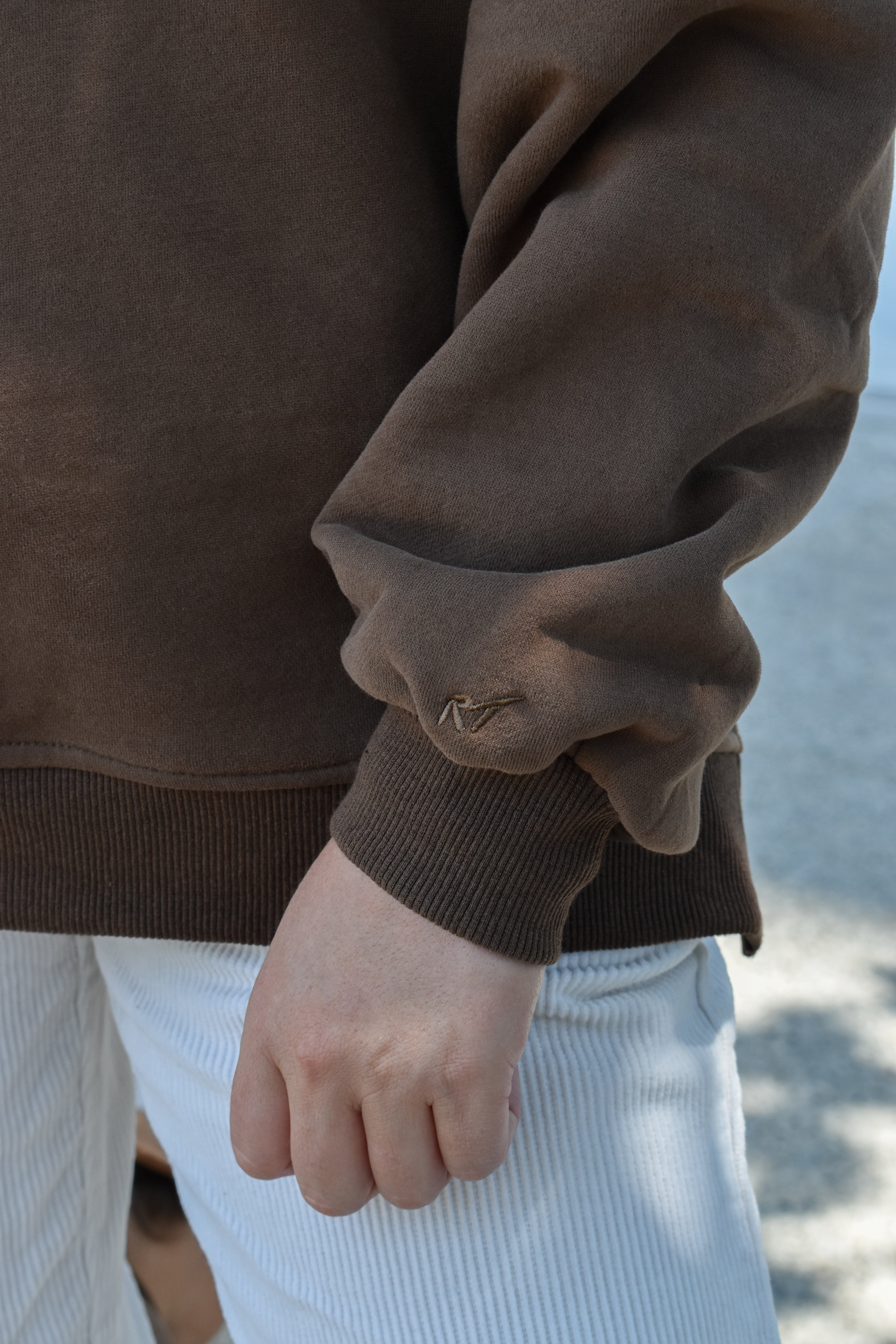 Close-up of a person wearing a brown sweatshirt with a blurred background