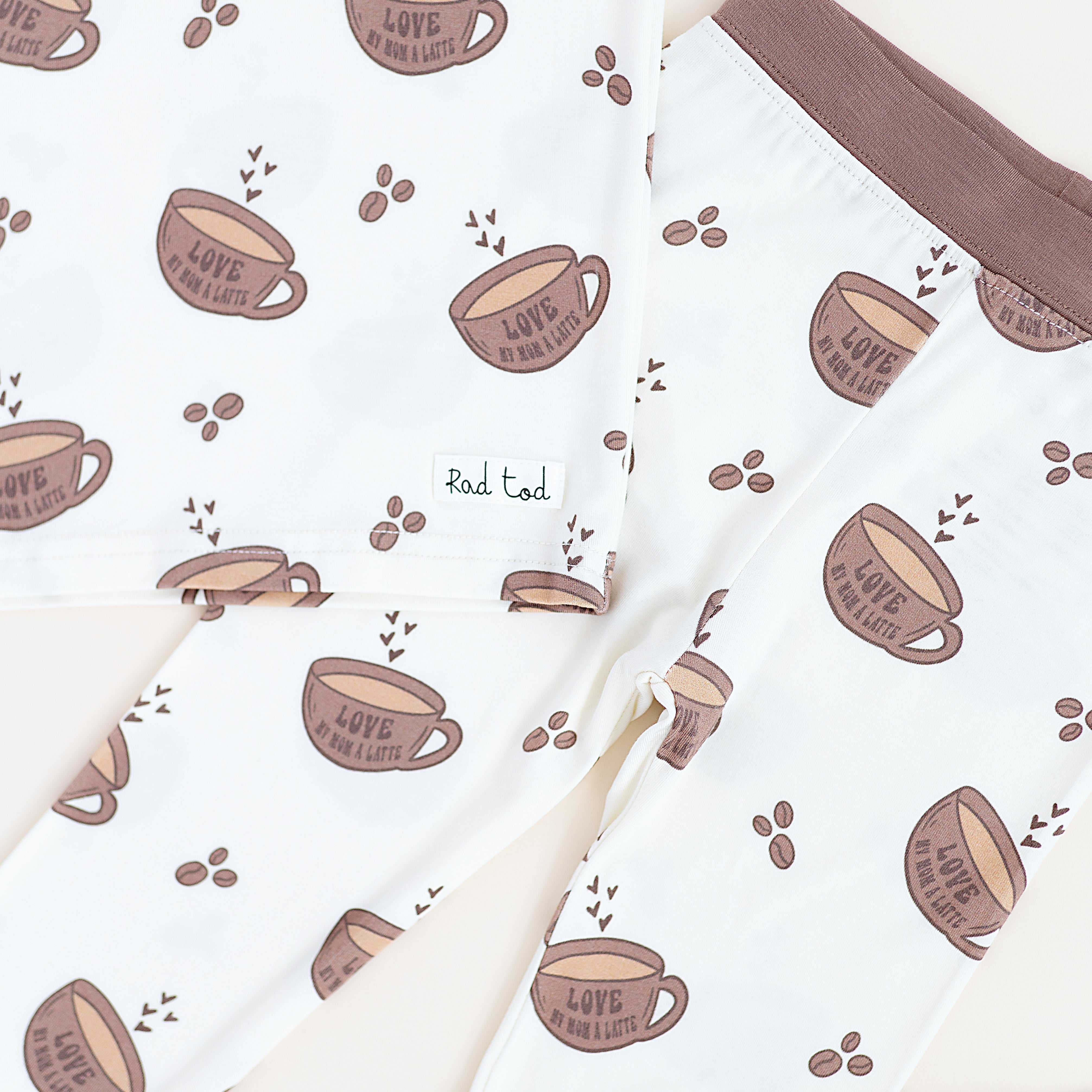 details on the Love My Mom Latte Bamboo Pajamas featuring soft, breathable fabric and a playful design for ultimate comfort and style at bedtime
