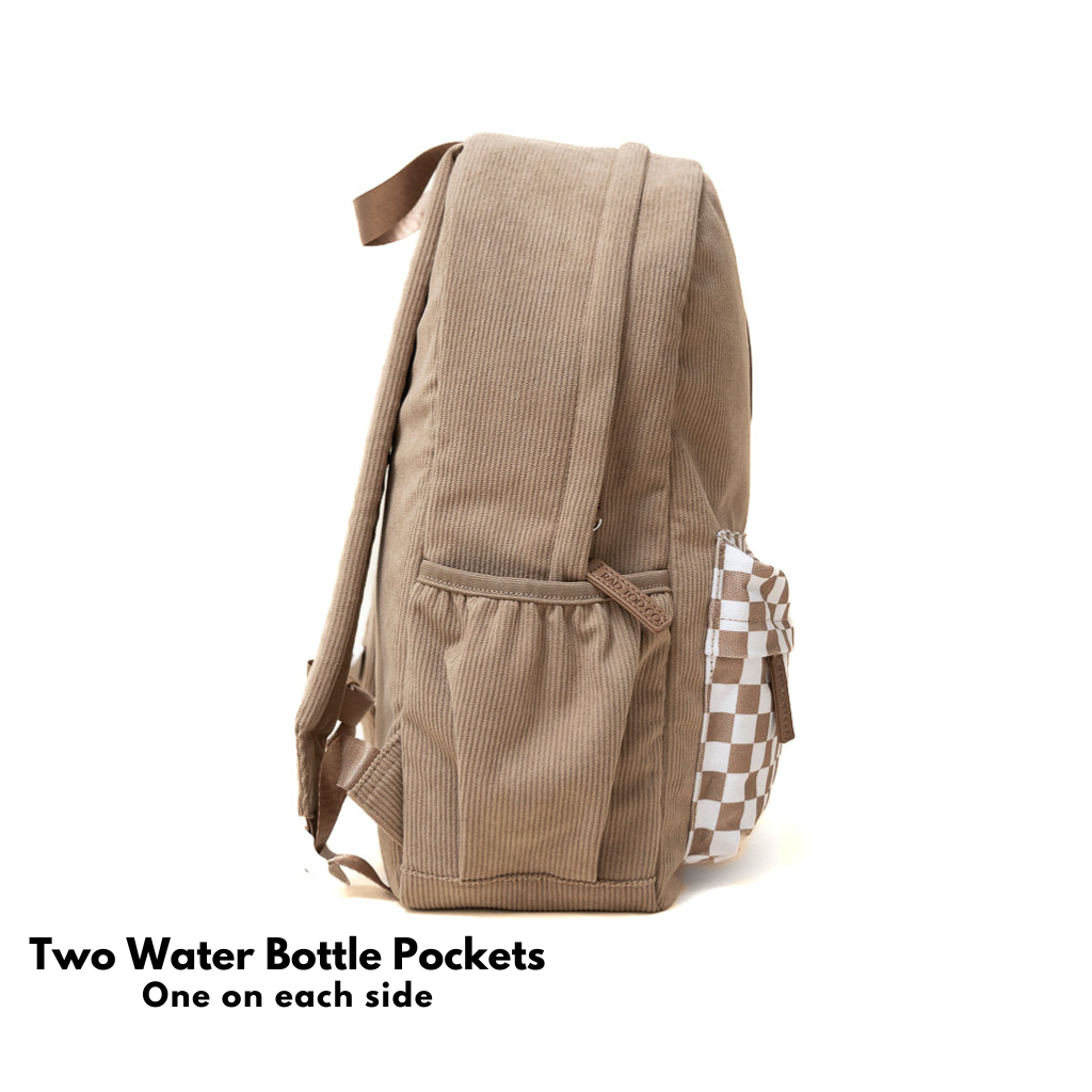 Beige backpack with two water bottle pockets on a white background
