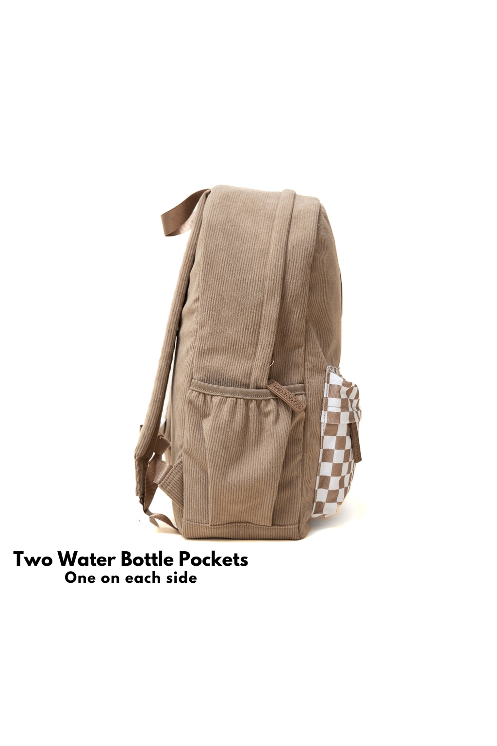 Beige backpack with two water bottle pockets on a white background