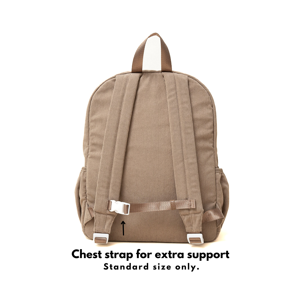 Beige backpack with chest strap on a white background