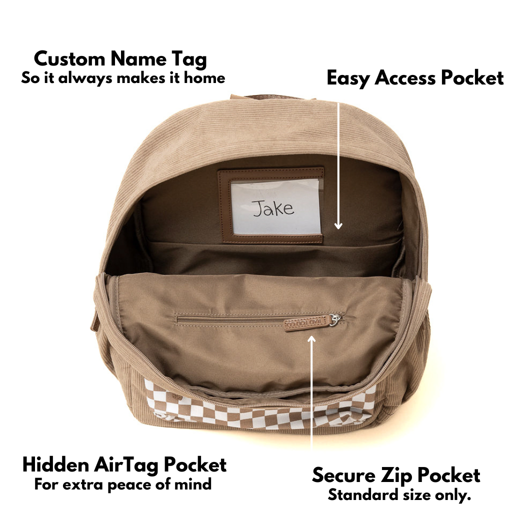 Brown backpack with labeled features on a white background