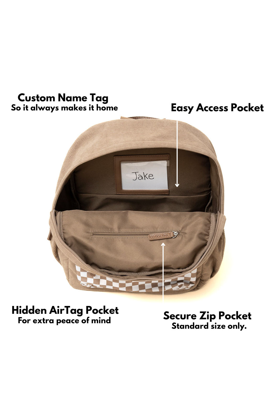 Brown backpack with labeled features on a white background