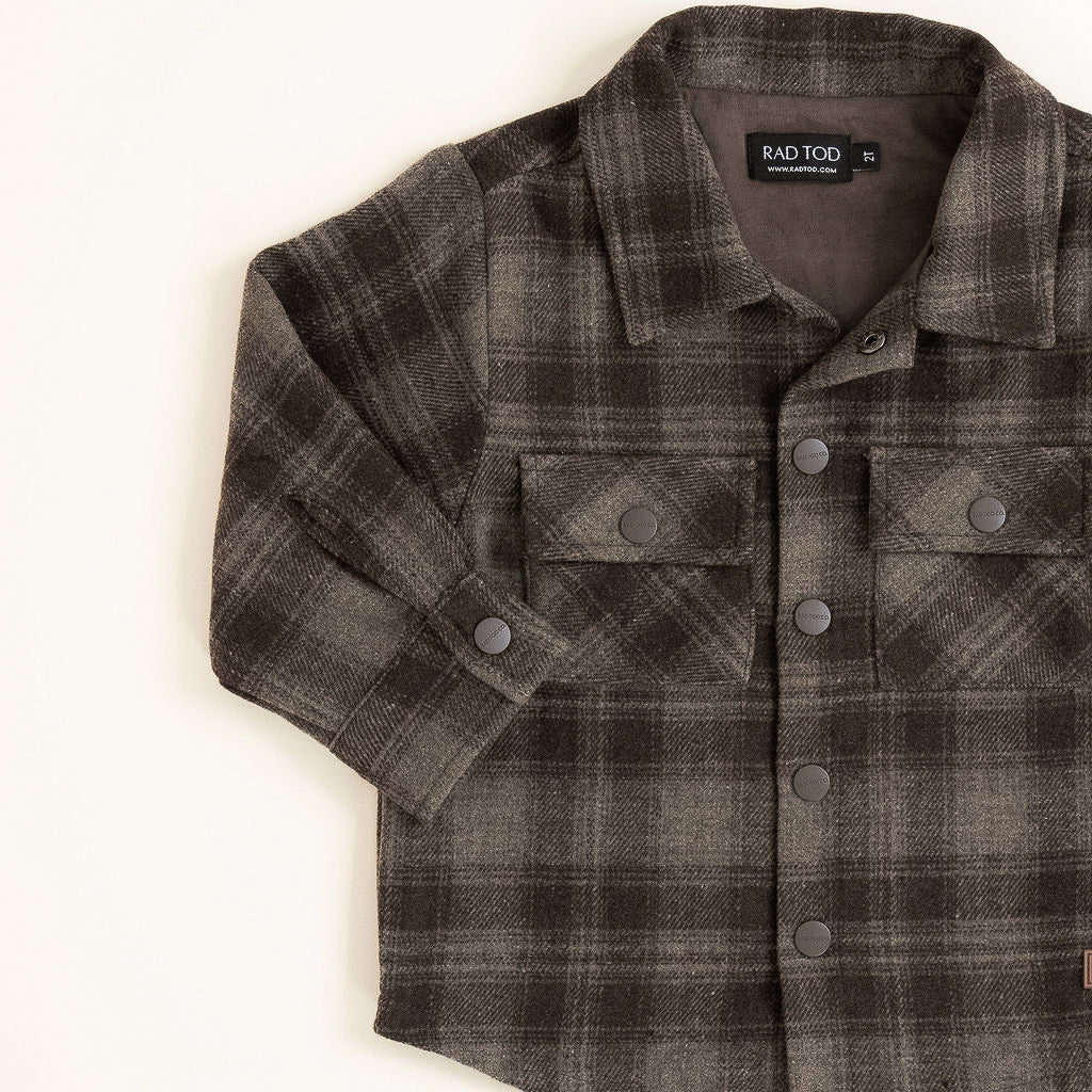 Flat lay of the Espresso Toddler Shacket in medium-weight cotton with soft lining