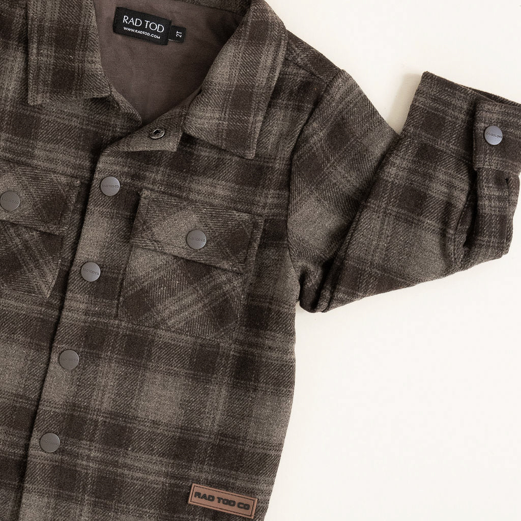 Flat lay of the Espresso Toddler Shacket in medium-weight cotton with soft lining