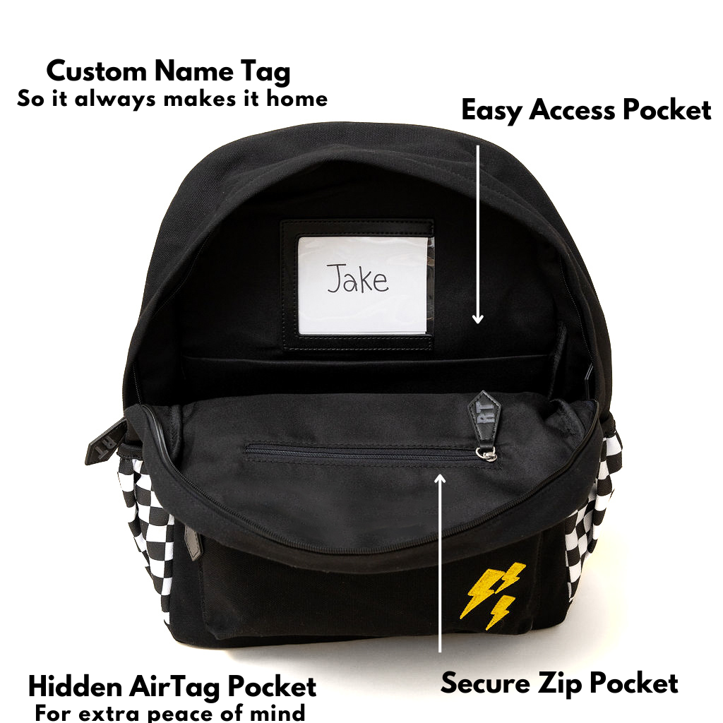Black backpack with labeled features on a white background