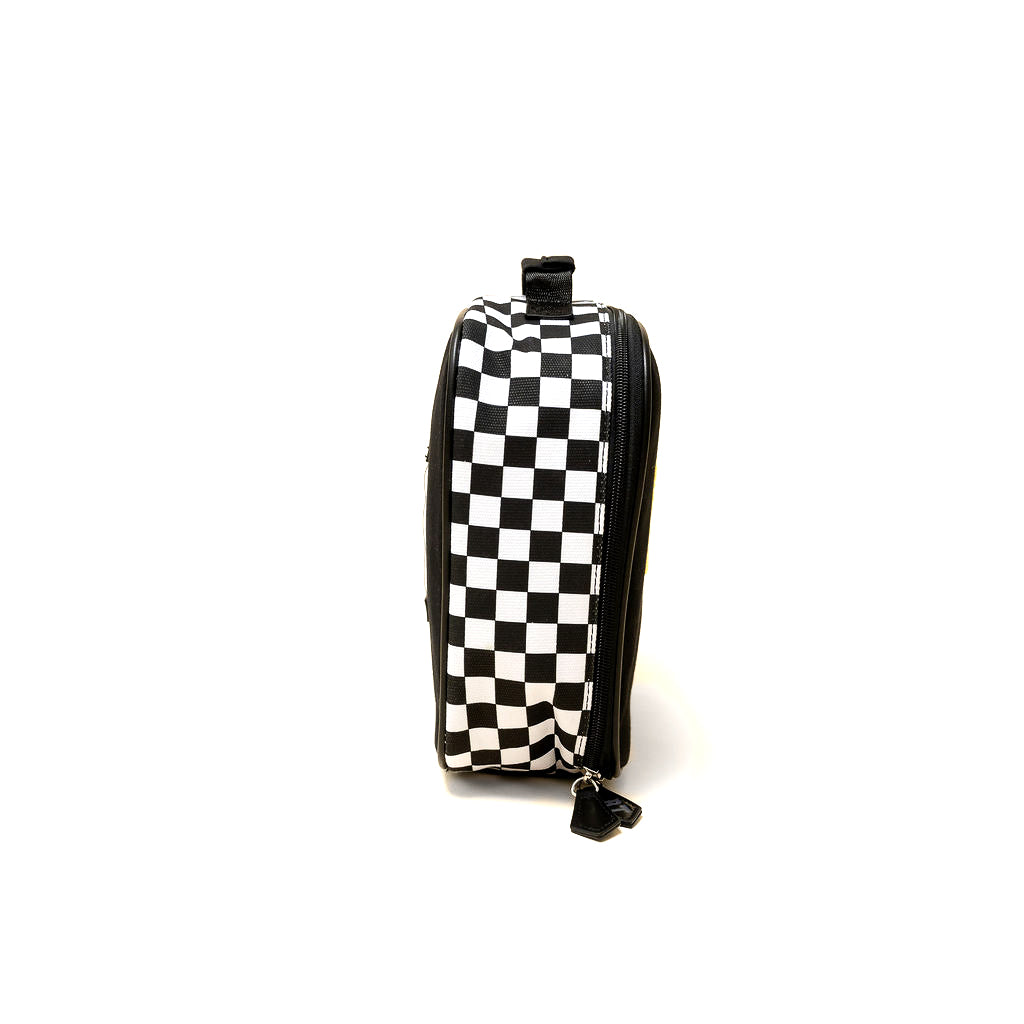Black and white checkered pouch on a white background