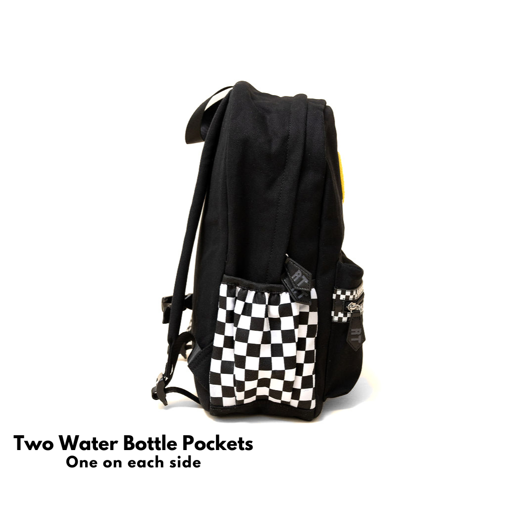 Black backpack with checkered pattern on a white background