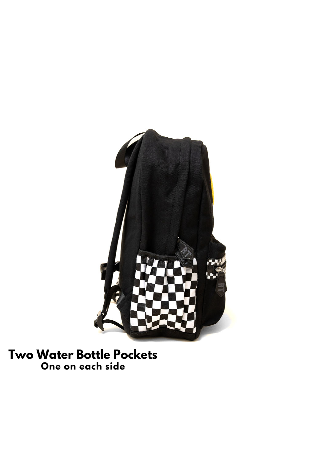 Black backpack with checkered pattern on a white background