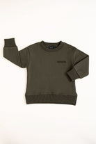 Kids dark green graphic crewneck featuring flaming helmet and skull motif on plain background