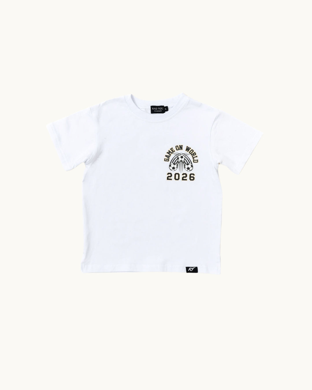 Soft cotton kids tee Game On World 2026 soccer graphic