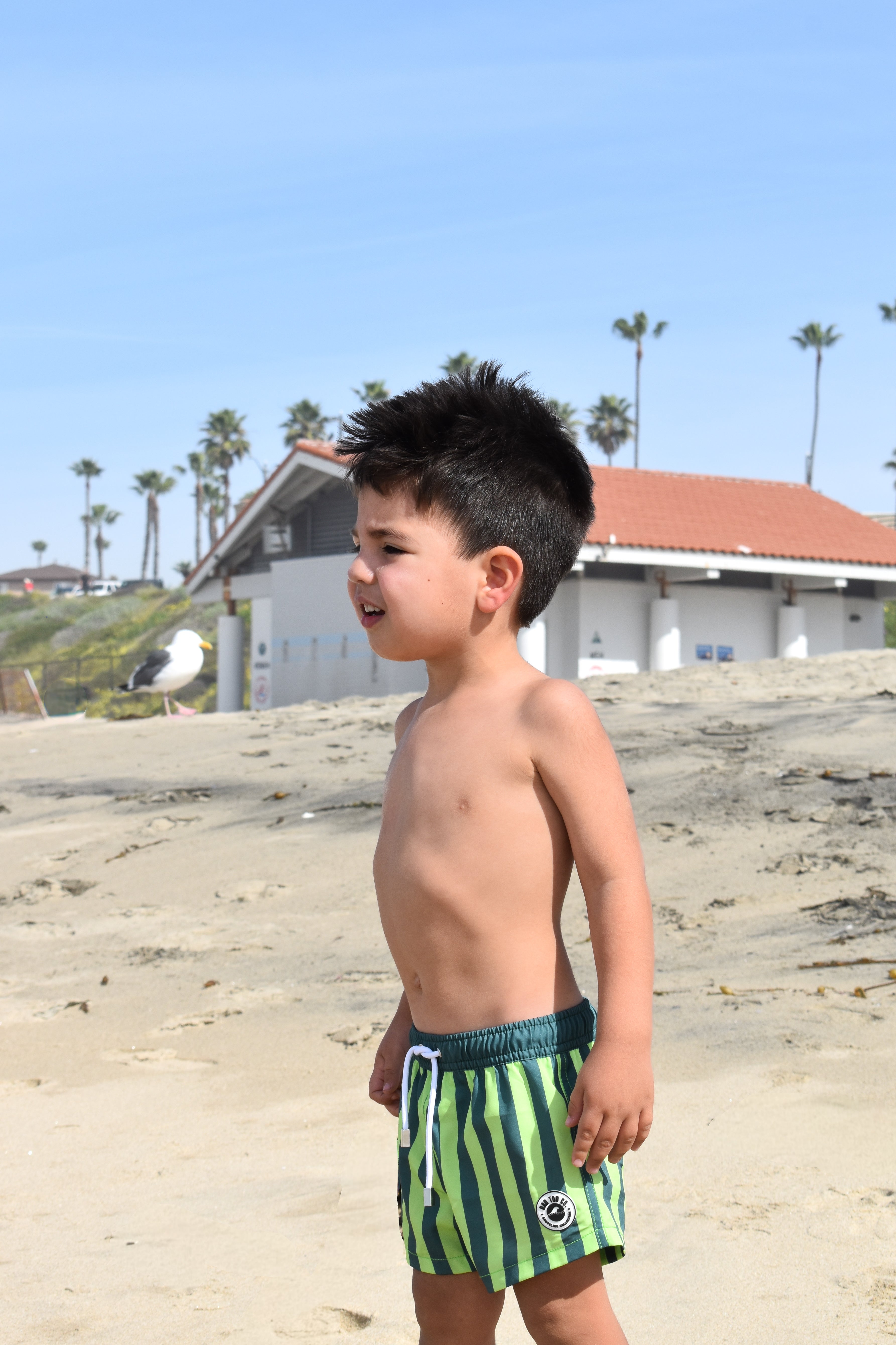 Young boy in lime green and dark striped swim shorts standing on a sandy beach with palm trees and a building in the background.